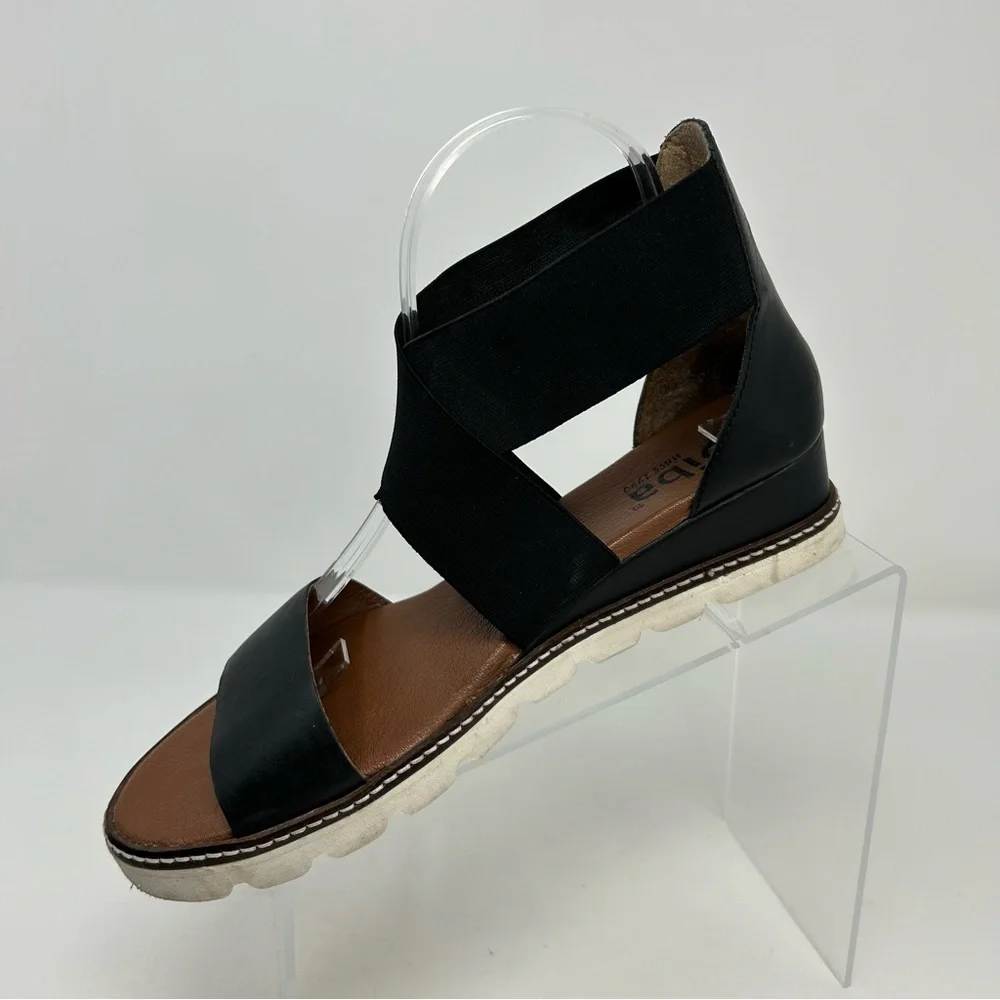 Diba True Black Leather and Fabric Strappy Wedge Comfort Sandals Size 9.5